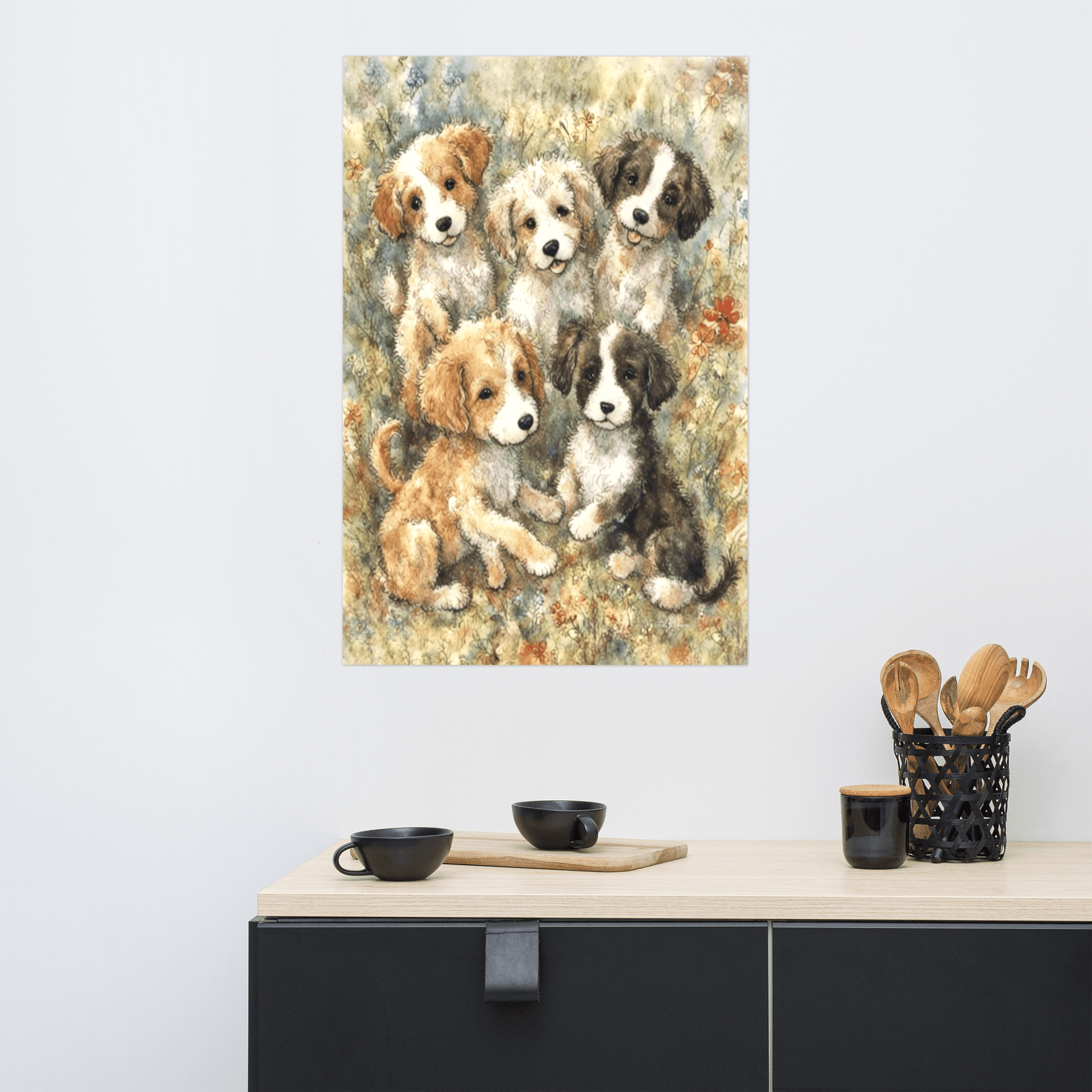 Puppies in a Floral Wonderland - Enhanced Matte Poster Printed Digital Art