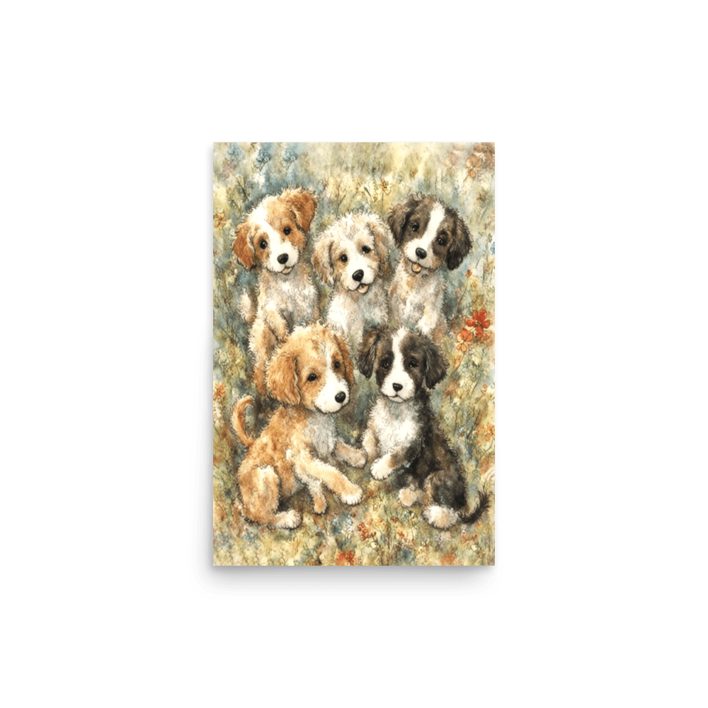 Puppies in a Floral Wonderland - Enhanced Matte Poster Printed Digital Art