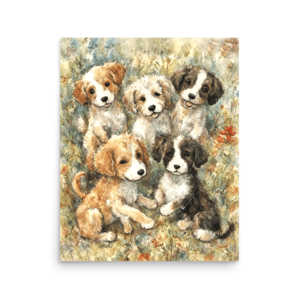 Puppies in a Floral Wonderland - Enhanced Matte Poster Printed Digital Art