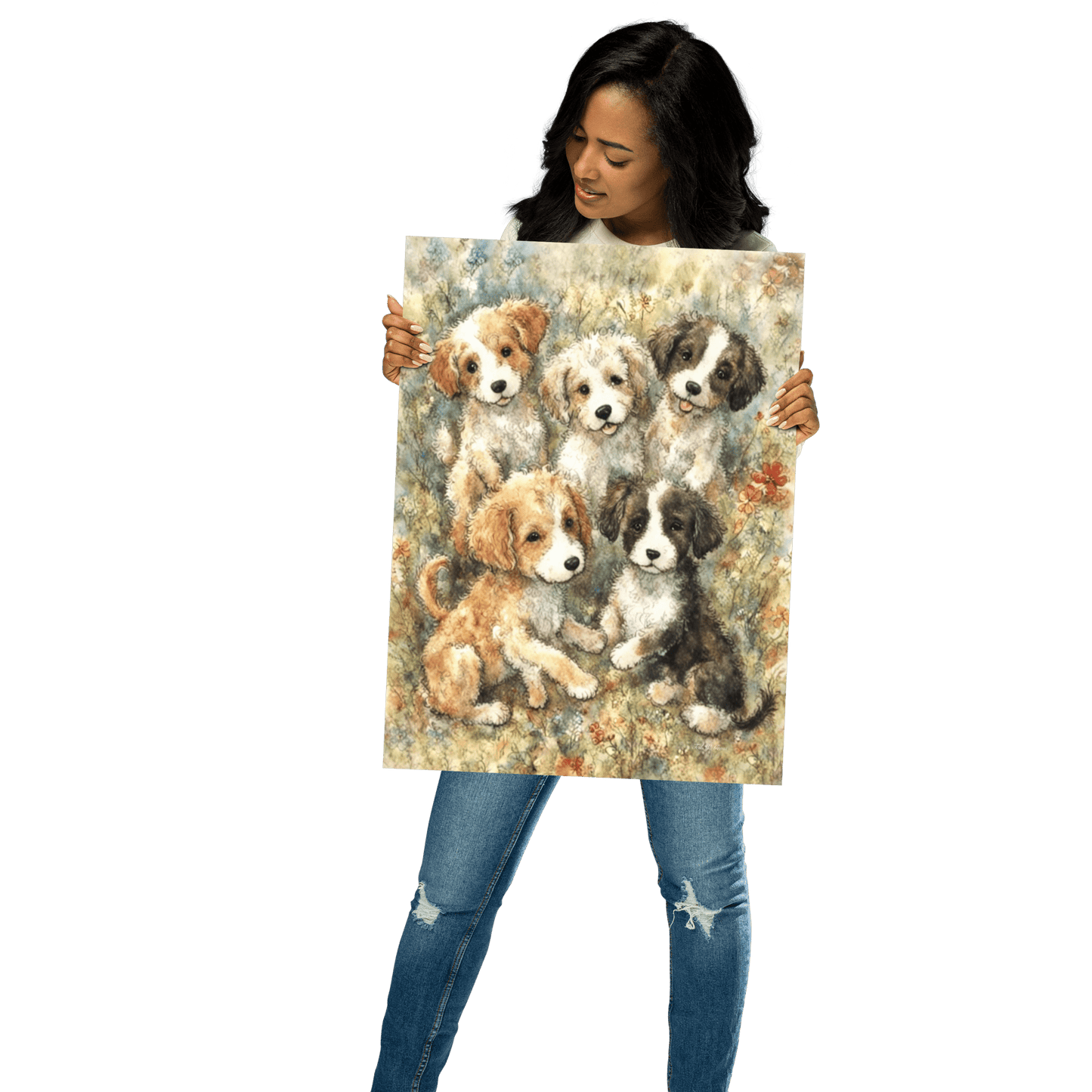 Puppies in a Floral Wonderland - Enhanced Matte Poster Printed Digital Art