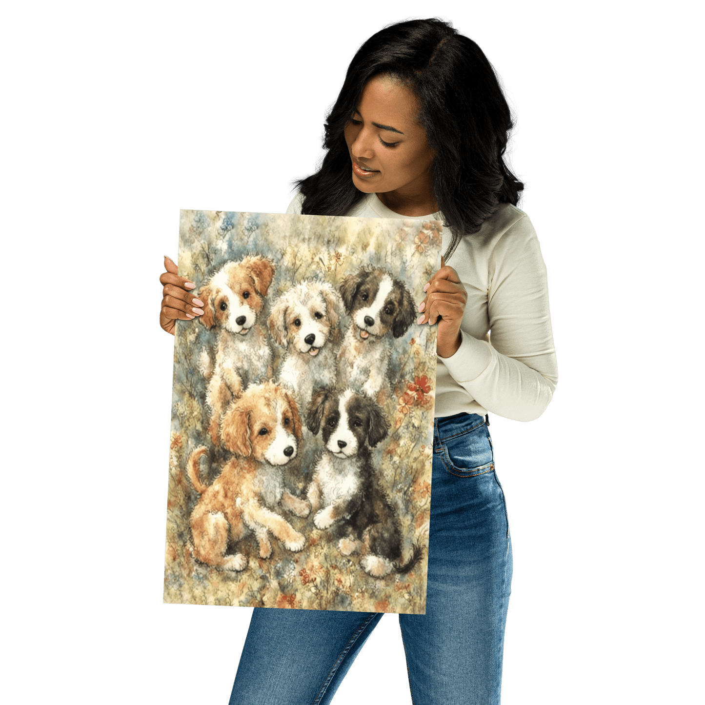 Puppies in a Floral Wonderland - Enhanced Matte Poster Printed Digital Art