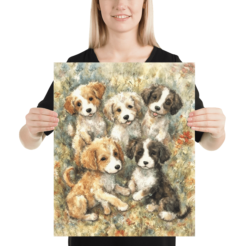 Puppies in a Floral Wonderland - Enhanced Matte Poster Printed Digital Art