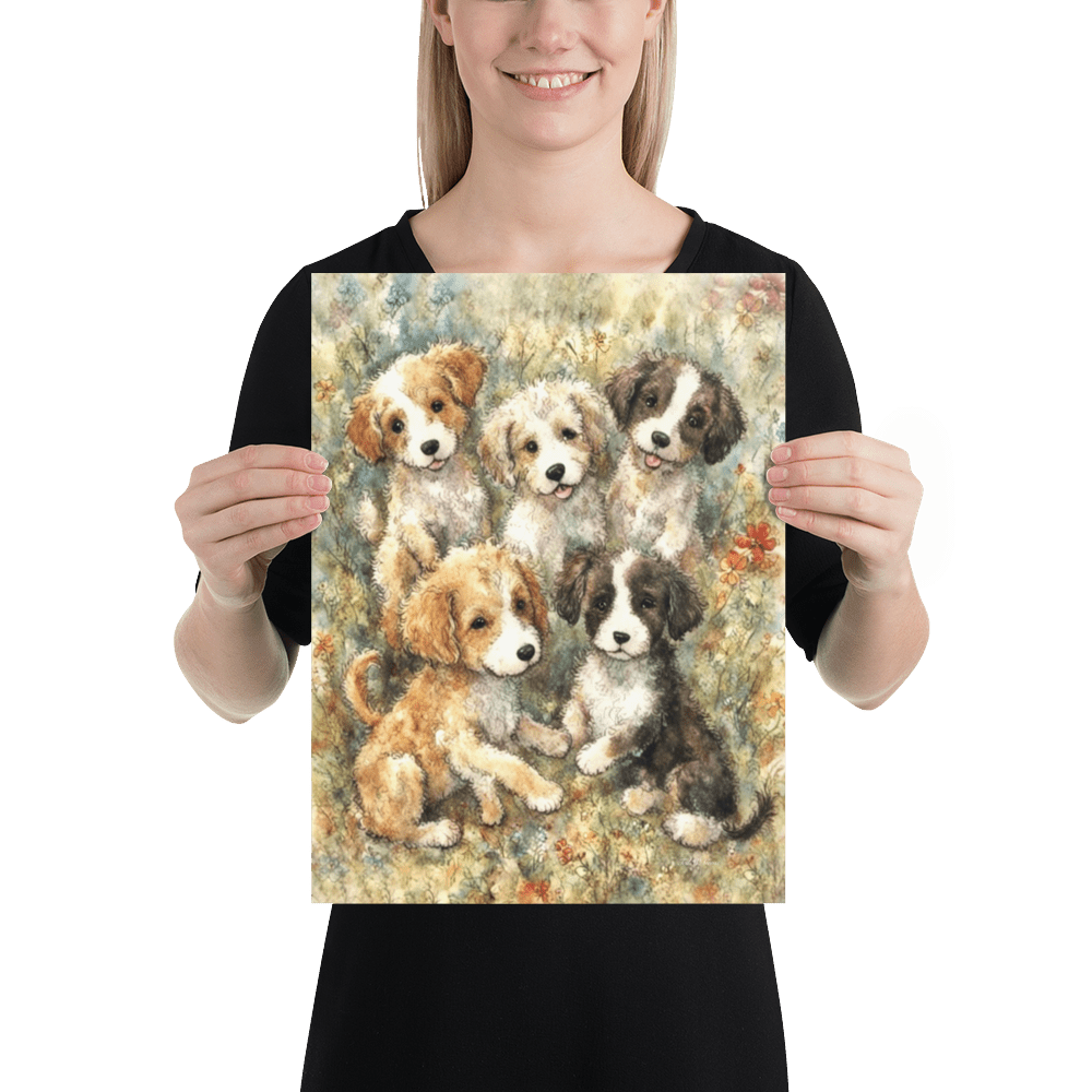 Puppies in a Floral Wonderland - Enhanced Matte Poster Printed Digital Art