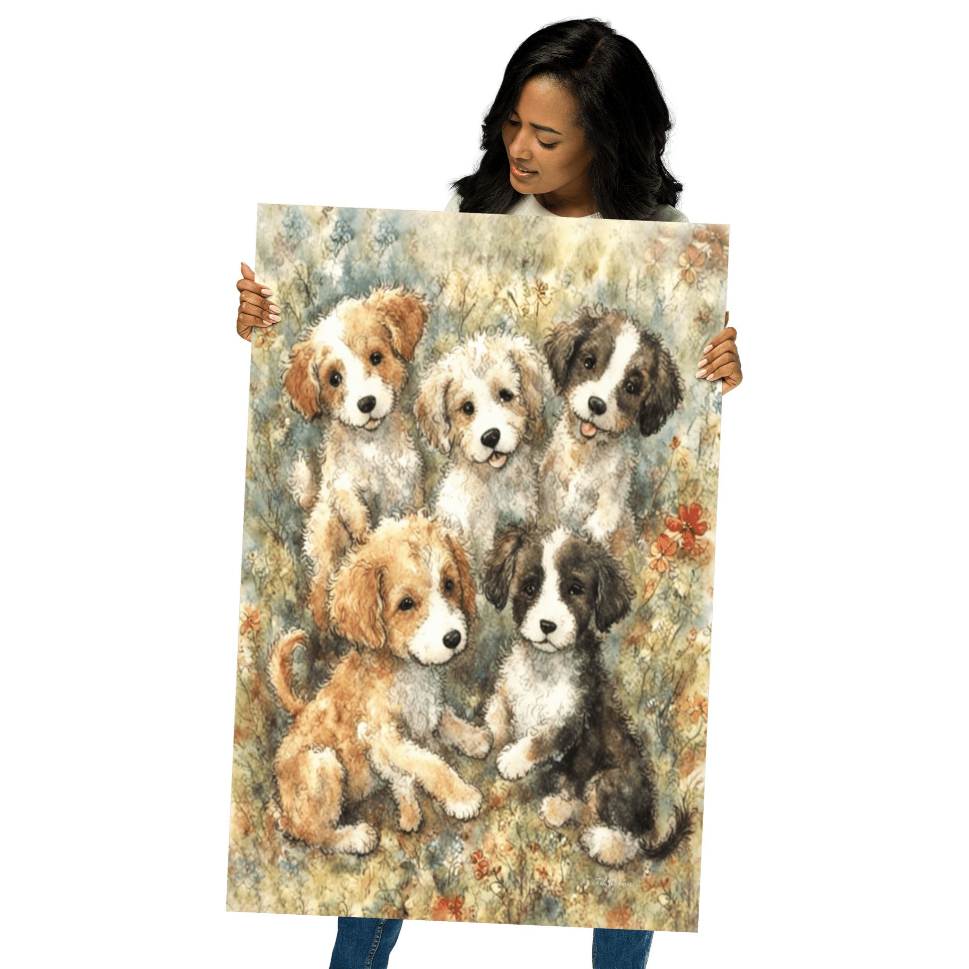 Puppies in a Floral Wonderland - Enhanced Matte Poster Printed Digital Art