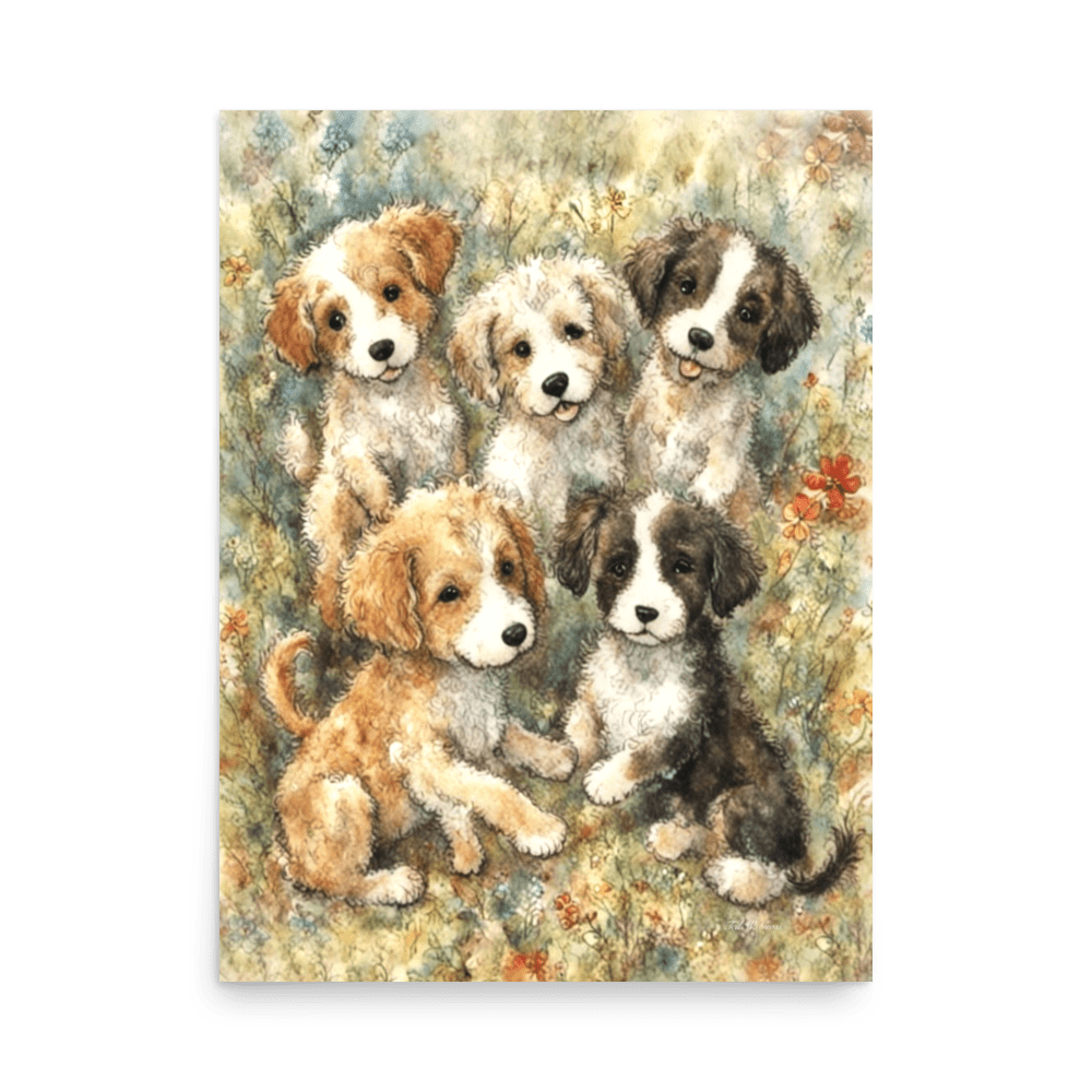 Puppies in a Floral Wonderland - Enhanced Matte Poster Printed Digital Art