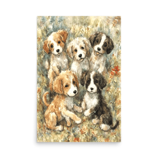 Puppies in a Floral Wonderland - Enhanced Matte Poster Printed Digital Art
