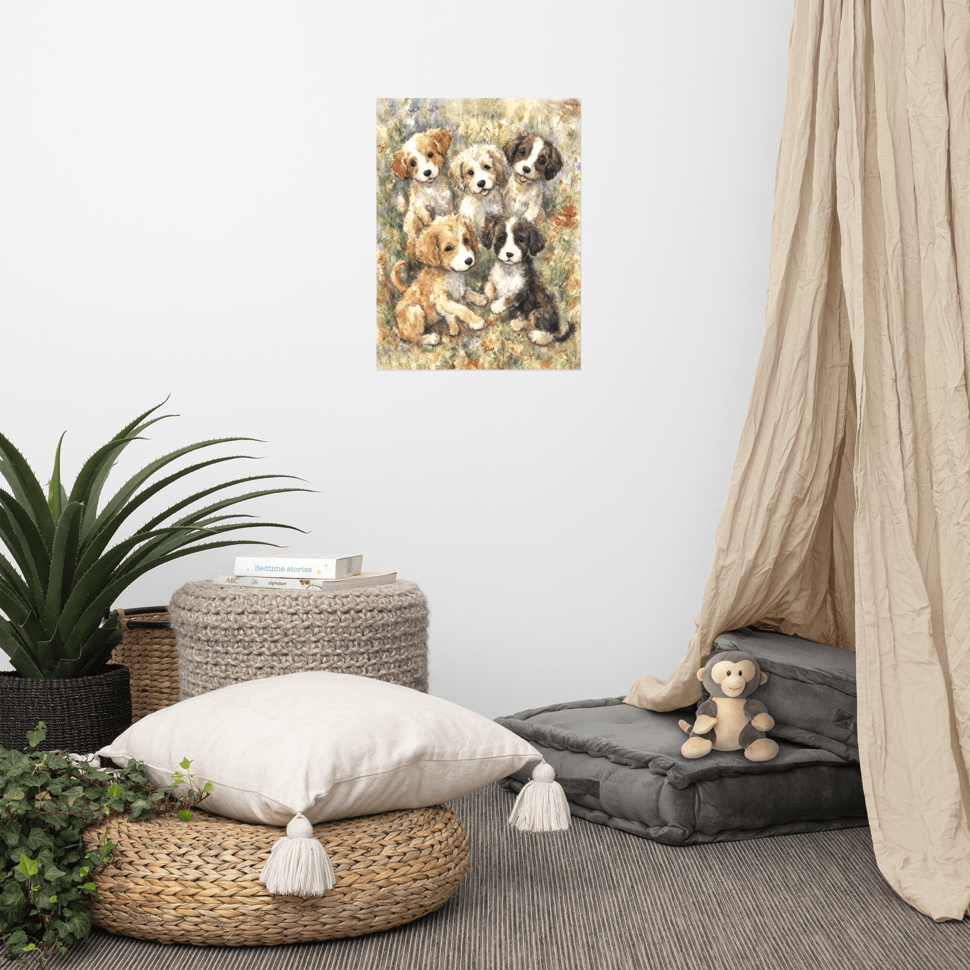 Puppies in a Floral Wonderland - Enhanced Matte Poster Printed Digital Art