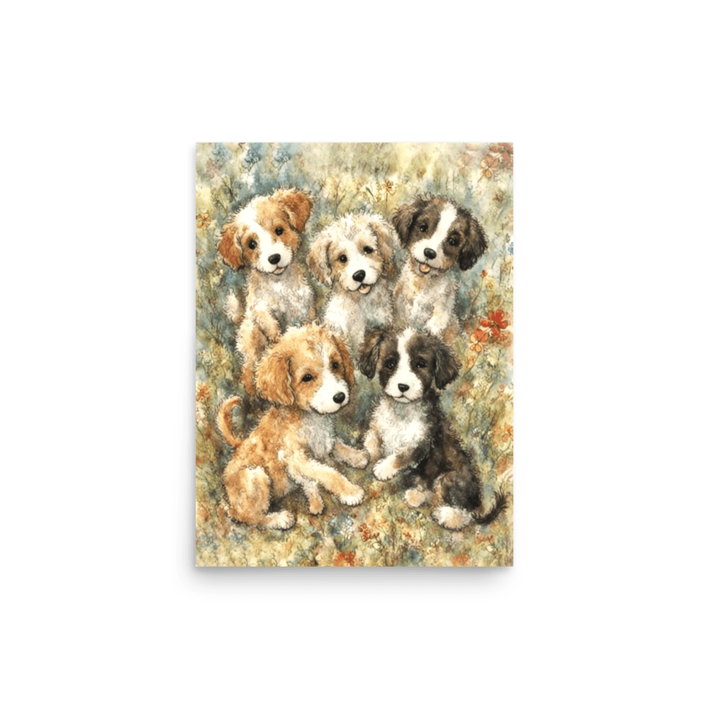 Puppies in a Floral Wonderland - Enhanced Matte Poster Printed Digital Art