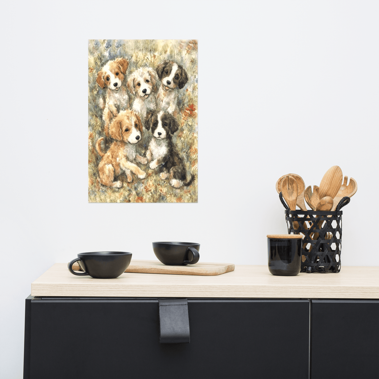 Puppies in a Floral Wonderland - Enhanced Matte Poster Printed Digital Art