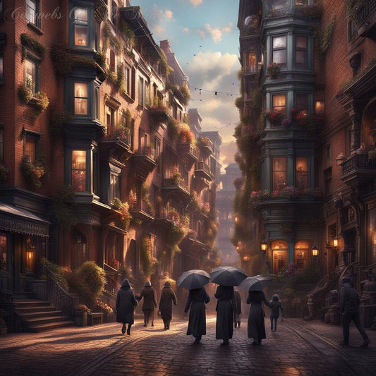 Serenade on Cobblestone-CH architecture archway city cobblestones color diffused lights Dynamic Edwardian elegant enchanting Ethereal flourishing flower window boxes gentle glow Golden Harmonious intimate inviting misty nostalgic ornate serenity silhouette symphonic tranquil umbrellas urban landscape victorian warm-tones Giclée