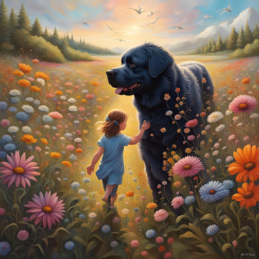 The Gentle Newfie Watching Over The Child-CH beauty child color dog flowers innocence meadow newfoundland Painting Giclée