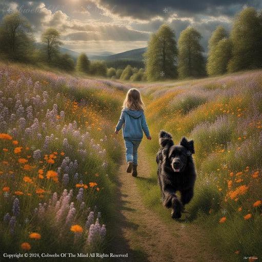 The Newfie Puppy Is Off To Chase Birds #nature #relationships beauty child color flowers forest innocence Painting vibrant Digital Art