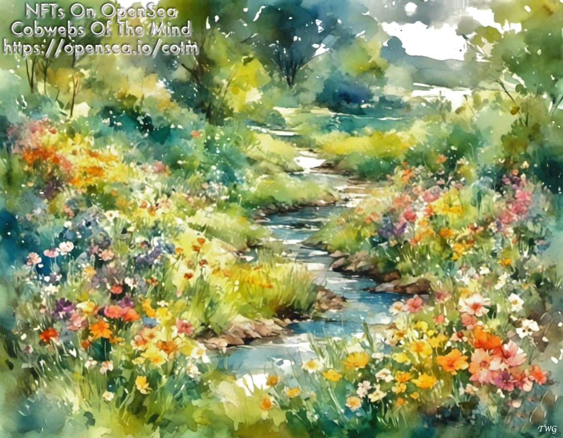 Tranquil Stream In A Fantasy Meadow - OpenSea NFT Elite Legendary 1-Drop Art > Digital Art > Cobwebs Of The Mind > Abstract > Digital Compositions