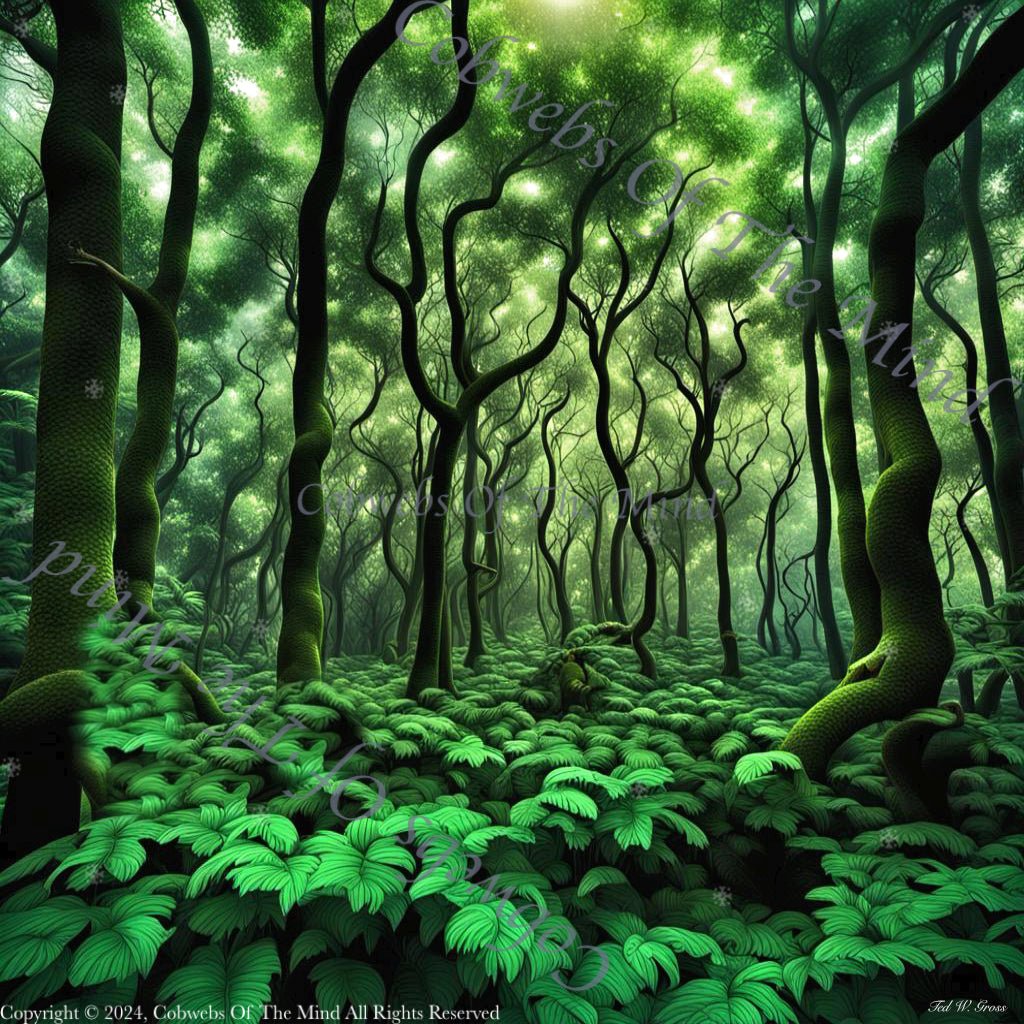 Vibrant Green Mystical Forest - Digital Art Art > Digital Art > Cobwebs Of The Mind > Abstract > Digital Compositions