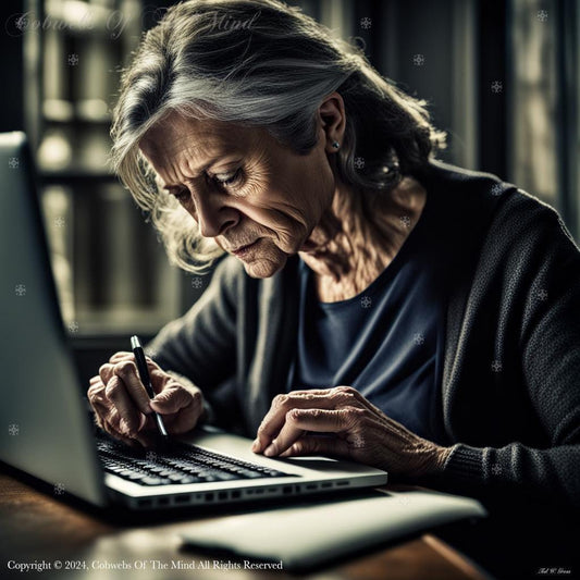 With Arthritic Fingers and a Clear Mind, She Types Out Her Memoirs computer elderly laptop memoirs technology woman writing Digital Art